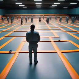 A movie poster showing the back of an employee in a referee uniform standing and looking at rows of trampolines in a trampoline park