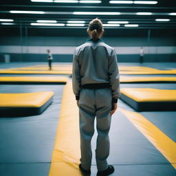 A movie poster showing the back of an employee in a referee uniform standing and looking at rows of trampolines in a trampoline park