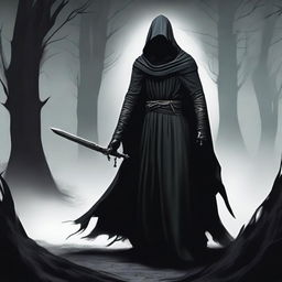 Create an image of a Nazgûl with a dark hood and shadowy figure