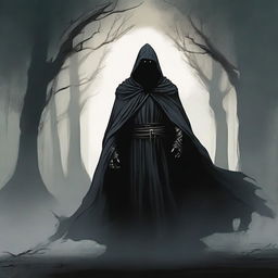 Create an image of a Nazgûl with a dark hood and shadowy figure