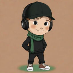 A playful cartoon drawing of a boy adorned with a black cap, black headphones, a black 'R' T-shirt, black pants, green shoes, a dark green scarf, and intriguingly sporting a brown mask.