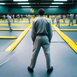 A movie poster showing the back of an employee in a referee uniform standing and looking at rows of trampolines in a trampoline park