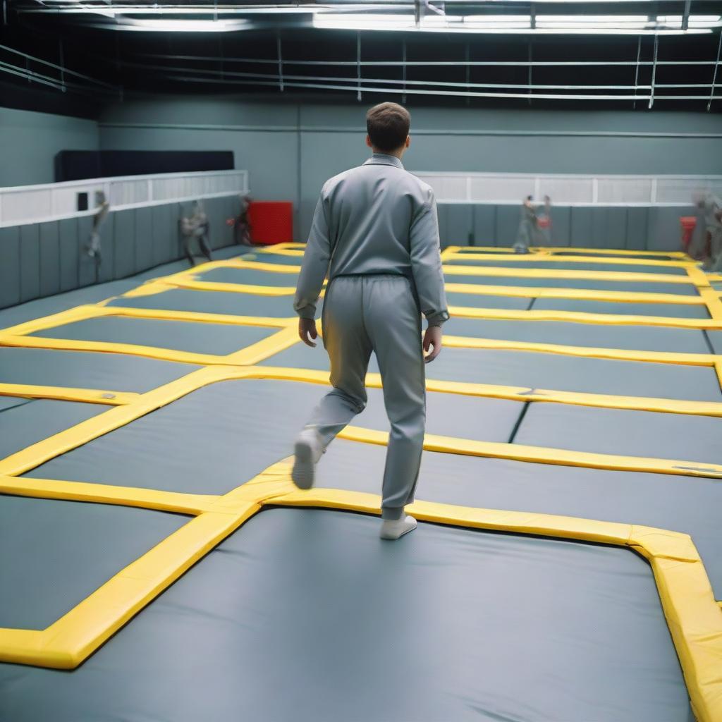 A movie poster showing the back of an employee in a referee uniform standing and looking at rows of trampolines in a trampoline park