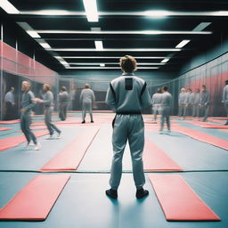 A movie poster showing the back of an employee in a referee uniform standing and looking at rows of trampolines in a trampoline park