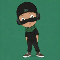 A playful cartoon drawing of a boy adorned with a black cap, black headphones, a black 'R' T-shirt, black pants, green shoes, a dark green scarf, and intriguingly sporting a brown mask.