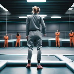 A movie poster showing the back of an employee in a referee uniform standing and looking at rows of trampolines in a trampoline park