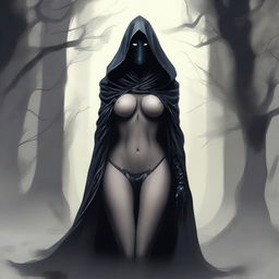 Create an image of a sexy female Nazgûl wearing lingerie, with a dark hood and shadowy figure