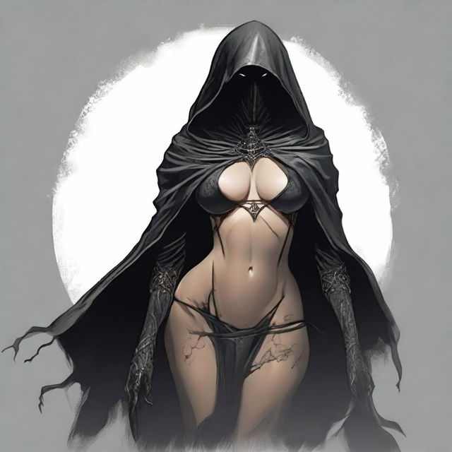 Create an image of a sexy female Nazgûl wearing lingerie, with a dark hood and shadowy figure