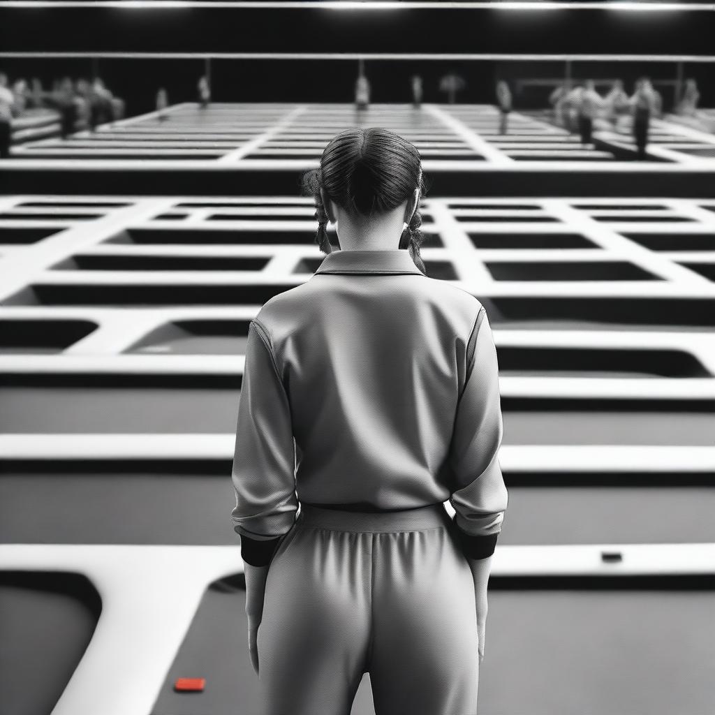 A movie poster that shows the back of a 20-year-old female employee in a black and white referee uniform standing, looking at rows of trampolines in a trampoline park