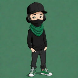 A cartoon drawing that exudes charm, showcasing a boy in a black cap, black headphones, a black T-shirt with an 'R', black pants, green shoes, draped with a dark green scarf, and donning a humorously designed mask.