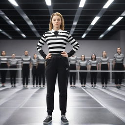 A movie poster that shows the back of a 20-year-old female employee in a black and white referee uniform standing, looking at rows of trampolines in a trampoline park