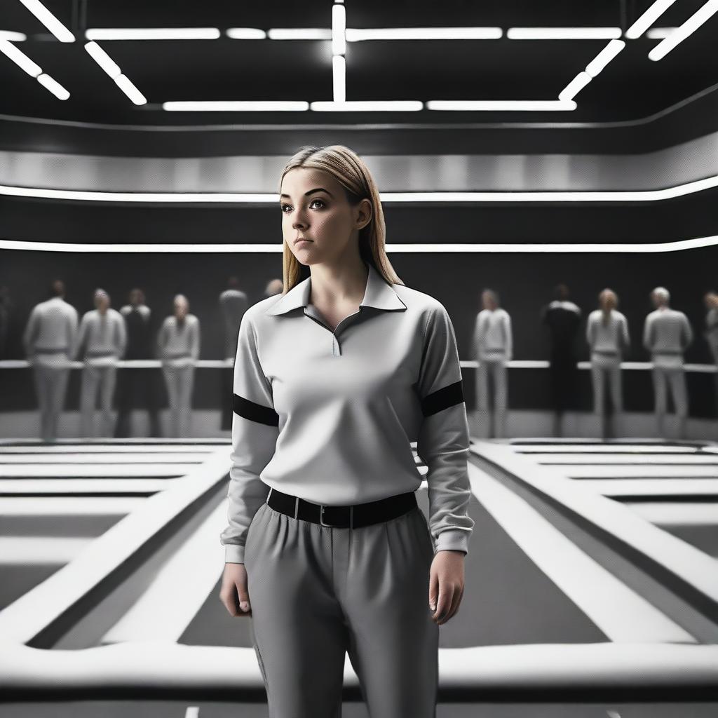 A movie poster that shows the back of a 20-year-old female employee in a black and white referee uniform standing, looking at rows of trampolines in a trampoline park