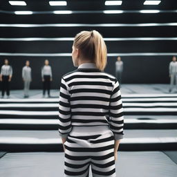 A movie poster that shows the back of a 20-year-old female employee in a black and white referee uniform standing, looking at rows of trampolines in a trampoline park