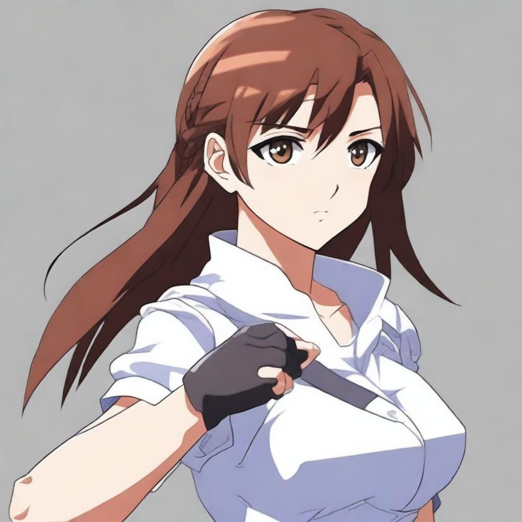 A 16-year-old anime girl with brown hair and one brown eye