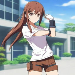 A 16-year-old anime girl with brown hair and one brown eye