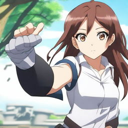 A 16-year-old anime girl with brown hair and one brown eye