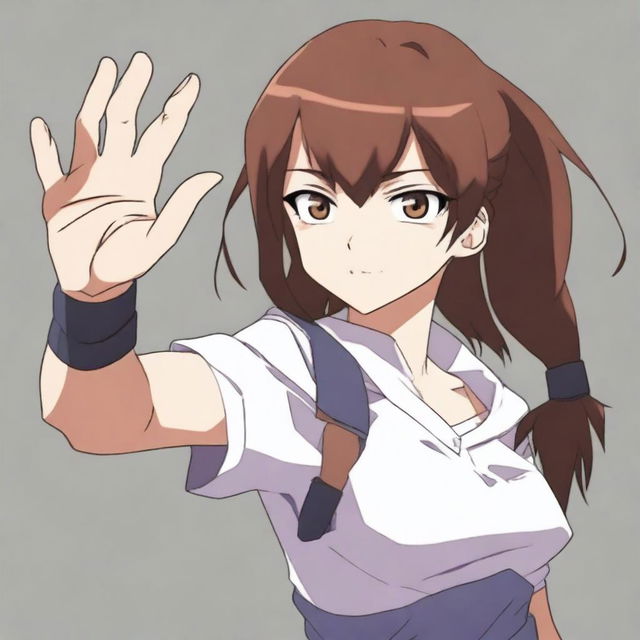 A 16-year-old anime girl with brown hair and one brown eye