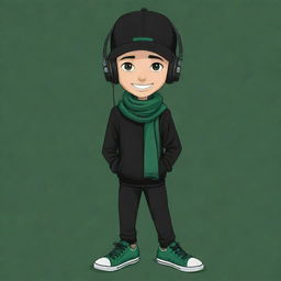 A cartoon drawing that exudes charm, showcasing a boy in a black cap, black headphones, a black T-shirt with an 'R', black pants, green shoes, draped with a dark green scarf, and donning a humorously designed mask.