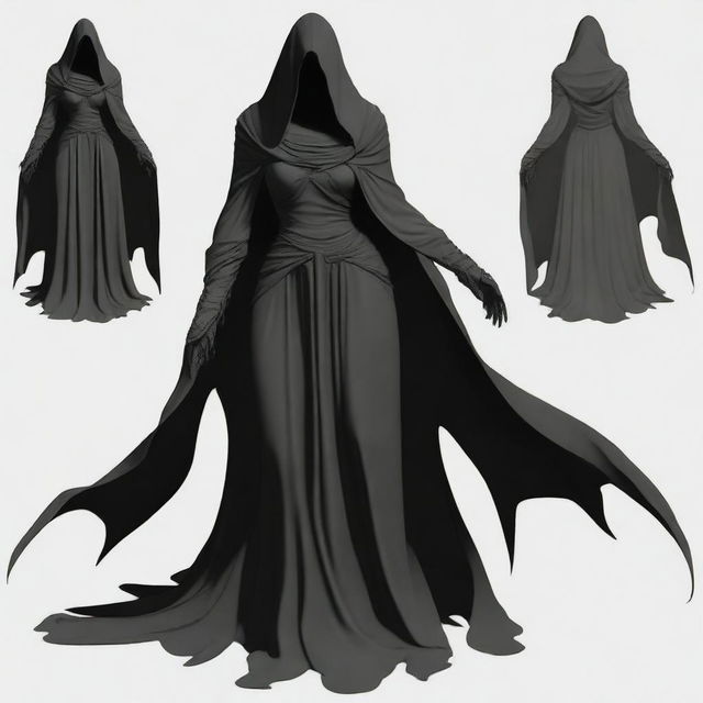 Create a realistic image of a sexy female Nazgûl with a dark hood and shadowy figure