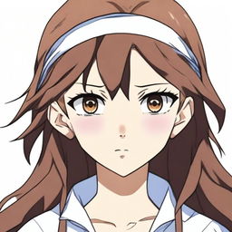 A 16-year-old anime girl with brown hair and one brown eye