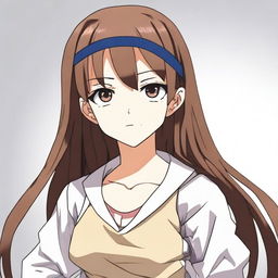 A 16-year-old anime girl with brown hair and one brown eye