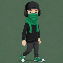 A cartoon drawing that exudes charm, showcasing a boy in a black cap, black headphones, a black T-shirt with an 'R', black pants, green shoes, draped with a dark green scarf, and donning a humorously designed mask.