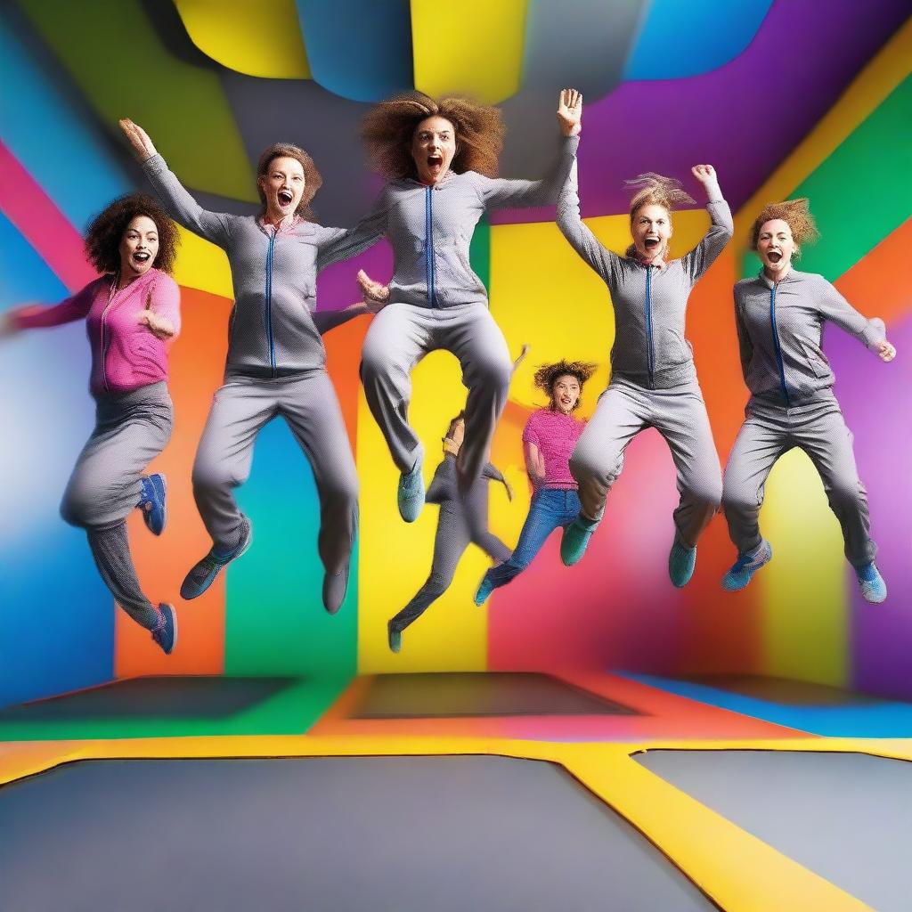 Twelve people in gray jumpsuits are captured mid-jump at a colorful trampoline park, giving the illusion that they are levitating