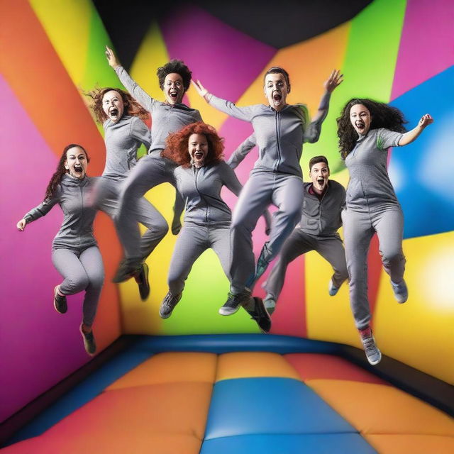 Twelve people in gray jumpsuits are captured mid-jump at a colorful trampoline park, giving the illusion that they are levitating