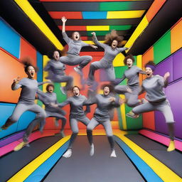 Twelve people in gray jumpsuits are captured mid-jump at a colorful trampoline park, giving the illusion that they are levitating