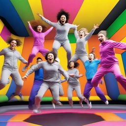 Twelve people in gray jumpsuits are captured mid-jump at a colorful trampoline park, giving the illusion that they are levitating