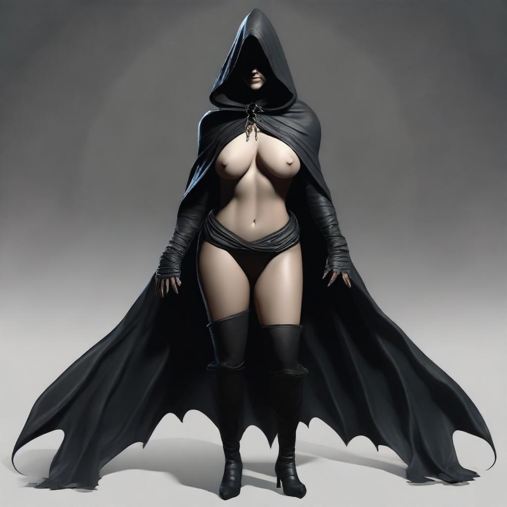 Create a realistic image of a sexy female Nazgûl with a dark hood and shadowy figure