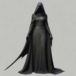 Create a realistic image of a sexy female Nazgûl with a dark hood and shadowy figure