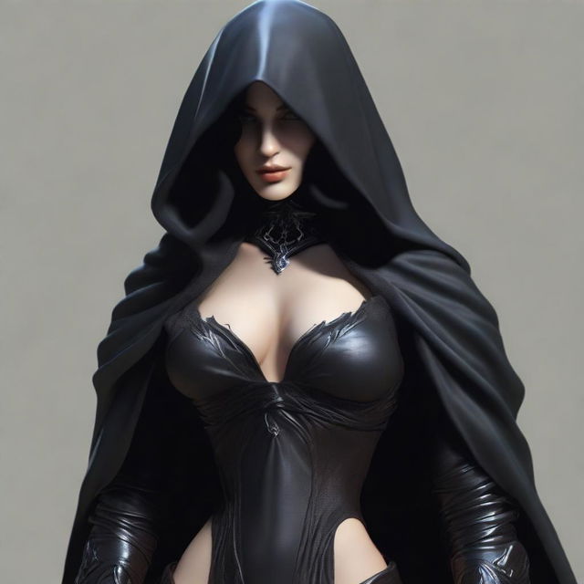 Create a realistic image of a sexy female Nazgûl with a dark hood and shadowy figure