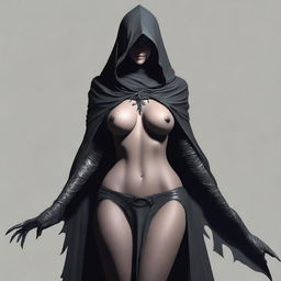 Create a realistic image of a sexy female Nazgûl with a dark hood and shadowy figure