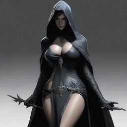 Create a realistic image of a sexy female Nazgûl with a dark hood and shadowy figure