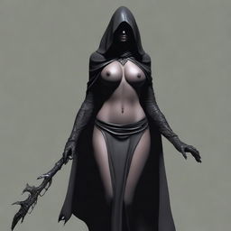 Create a realistic image of a sexy female Nazgûl with a dark hood and shadowy figure