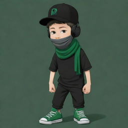 A cartoon drawing that exudes charm, showcasing a boy in a black cap, black headphones, a black T-shirt with an 'R', black pants, green shoes, draped with a dark green scarf, and donning a humorously designed mask.