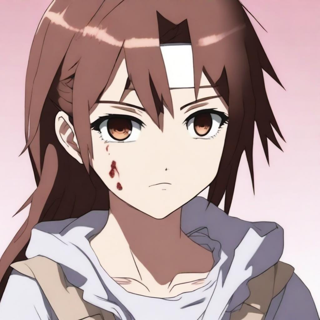 A 16-year-old anime girl with brown hair and one brown eye