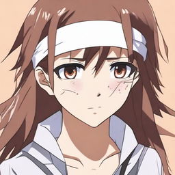 A 16-year-old anime girl with brown hair and one brown eye