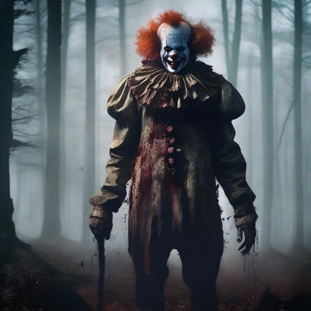 Create a movie poster for a horror film titled 'THE FOREST CLOWN