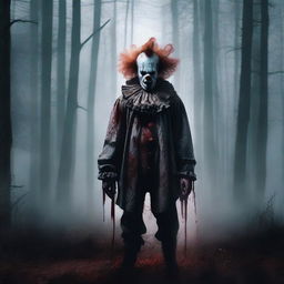 Create a movie poster for a horror film titled 'THE FOREST CLOWN