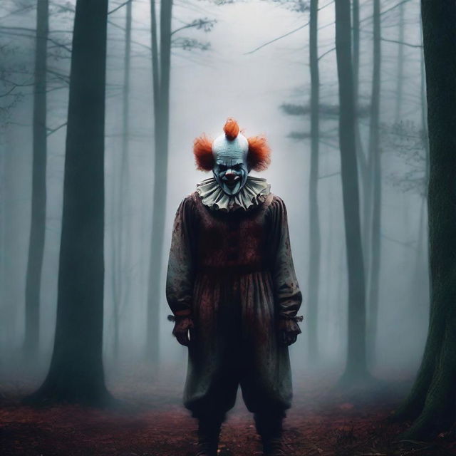 Create a movie poster for a horror film titled 'THE FOREST CLOWN