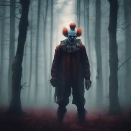 Create a movie poster for a horror film titled 'THE FOREST CLOWN