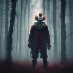 Create a movie poster for a horror film titled 'THE FOREST CLOWN