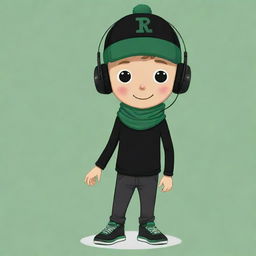 A captivating cartoon illustration of a boy accessorized with a black cap, black headphones, wearing a black 'R' T-shirt, black pants, green shoes and a dark green scarf, donning a whimsical pancake party mask.