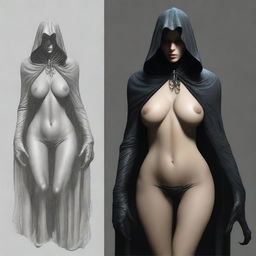 Create a lifelike image of a sexy female Nazgûl with a dark hood and shadowy figure