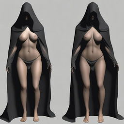 Create a lifelike image of a sexy female Nazgûl with a dark hood and shadowy figure