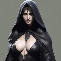 Create a lifelike image of a sexy female Nazgûl with a dark hood and shadowy figure