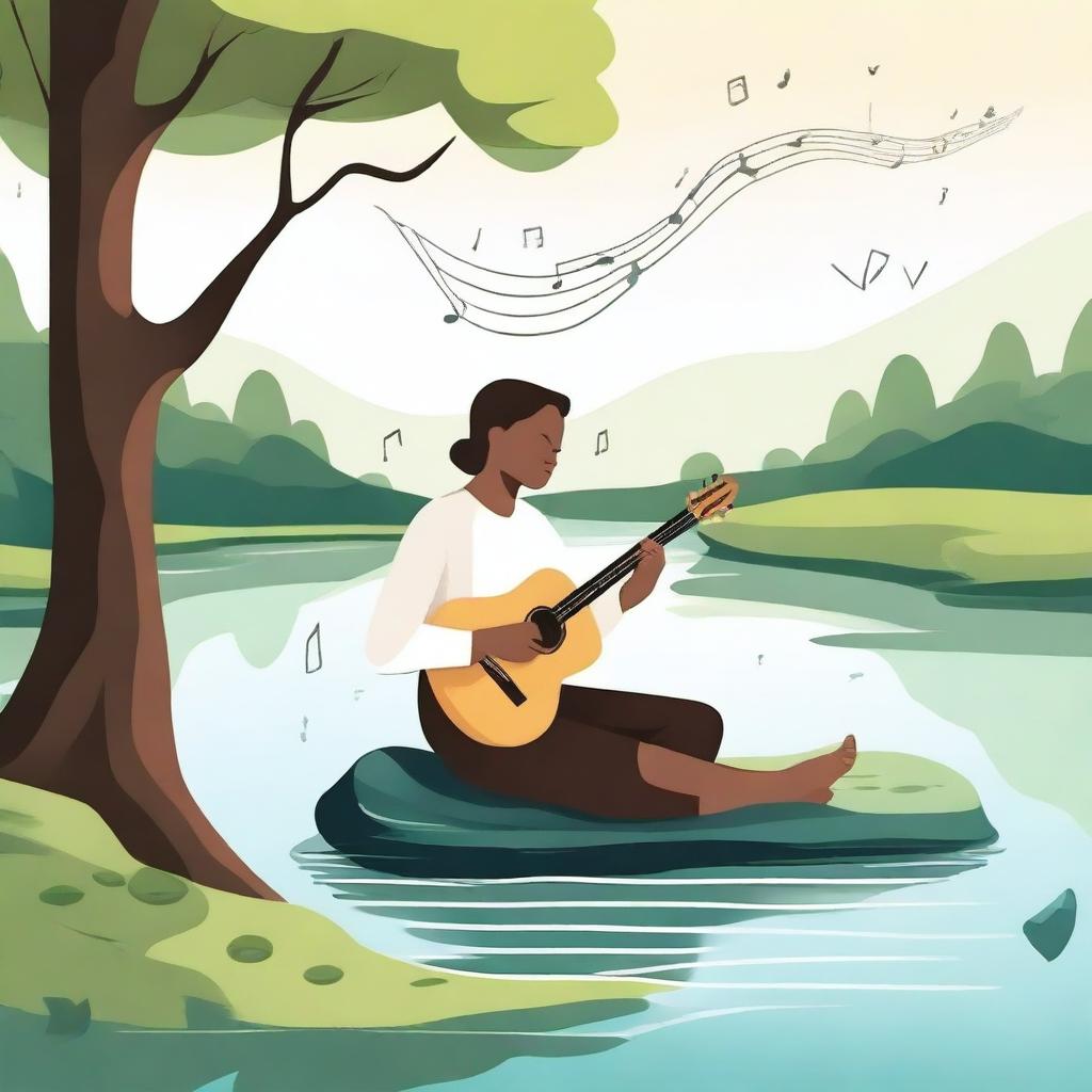 A serene scene of a person playing a musical instrument, surrounded by calming nature elements like trees and a flowing river, to depict the concept of music therapy