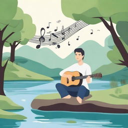 A serene scene of a person playing a musical instrument, surrounded by calming nature elements like trees and a flowing river, to depict the concept of music therapy